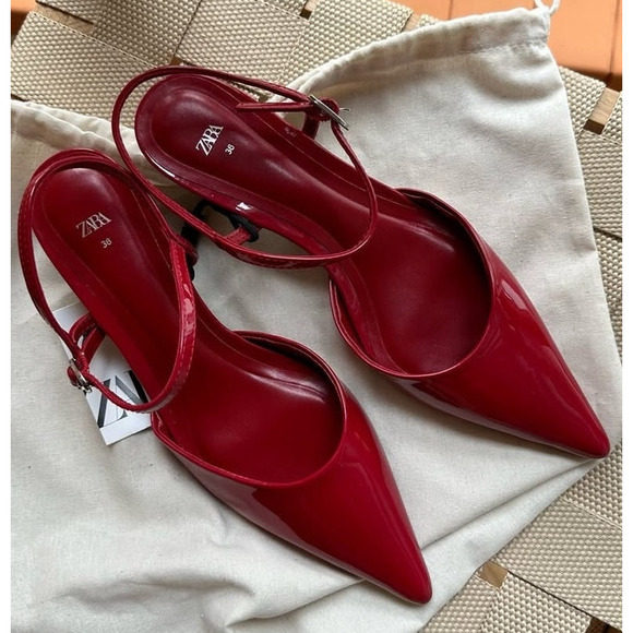 ZARA Red Patent Slingback Heels NWT – Pointed Toe Kitten Heels, Size 7.5 & 8 - Picture 5 of 16